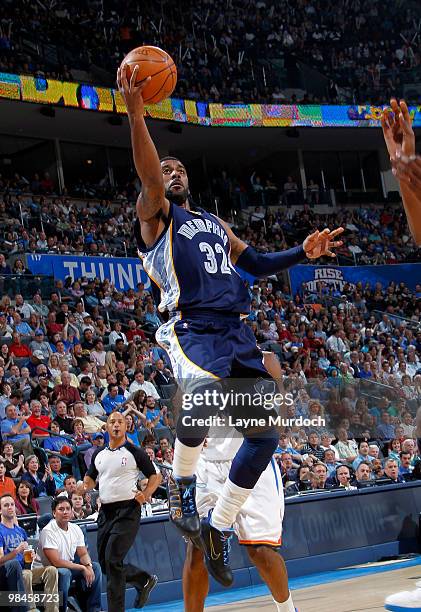 Mayo of the Memphis Grizzlies rebounds against the Oklahoma City Thunder on April 14, 2010 at the Ford Center in Oklahoma City, Oklahoma. NOTE TO...