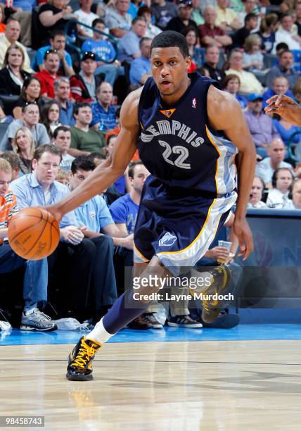 Rudy Gay of the Memphis Grizzlies drives past the Oklahoma City Thunder defense on April 14, 2010 at the Ford Center in Oklahoma City, Oklahoma. NOTE...