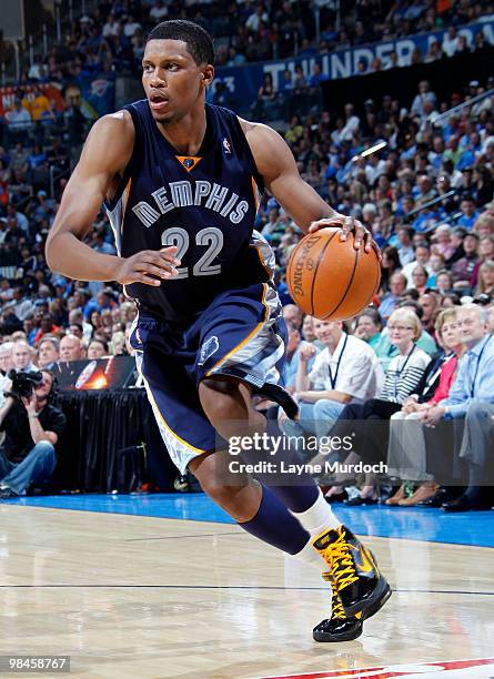 Rudy Gay of the Memphis Grizzlies drives past the Oklahoma City Thunder defense on April 14, 2010 at the Ford Center in Oklahoma City, Oklahoma. NOTE...