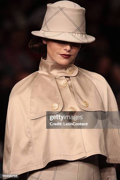 Model displays a design by Edgardo Luengas during the third day of Mercedes-Benz Fashion Week at Campo Marte on April 14, 2010 in Mexico City, Mexico.