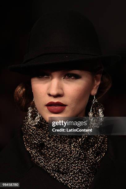 Model displays a design by Edgardo Luengas during the third day of Mercedes-Benz Fashion Week at Campo Marte on April 14, 2010 in Mexico City, Mexico.