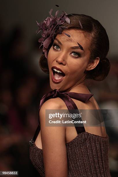 Model displays a design by Edgardo Luengas during the third day of Mercedes-Benz Fashion Week at Campo Marte on April 14, 2010 in Mexico City, Mexico.