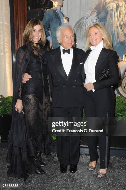 Carine Roitfeld, Ralph Lauren and Ricky Lauren arrive to the Ralph Lauren dinner to celebrate the opening of the flagship on April 14, 2010 in Paris,...