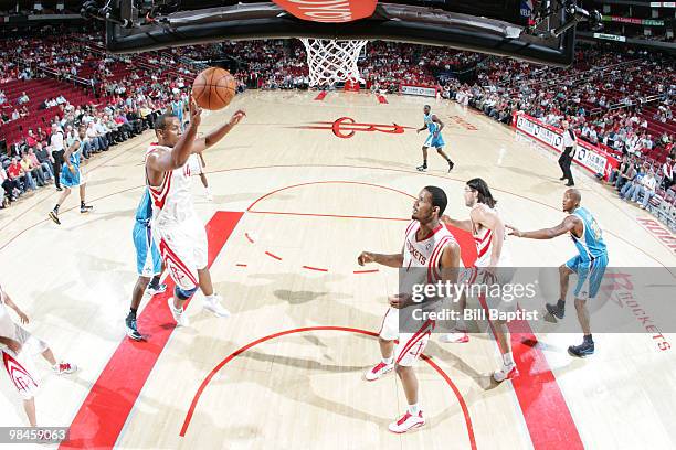 Chuck Hayes of the Houston Rockets rebounds the ball against the New Orleans Hornets on April 14, 2010 at the Toyota Center in Houston, Texas. NOTE...