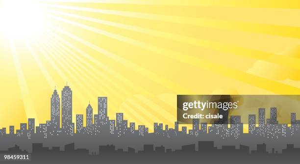 city skyline and shining sun silhouette illustration - new york view from window stock illustrations