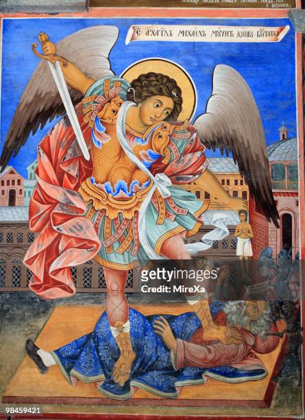 icon of archangel michael in rila monastery - 米迦勒 個照片及圖片檔