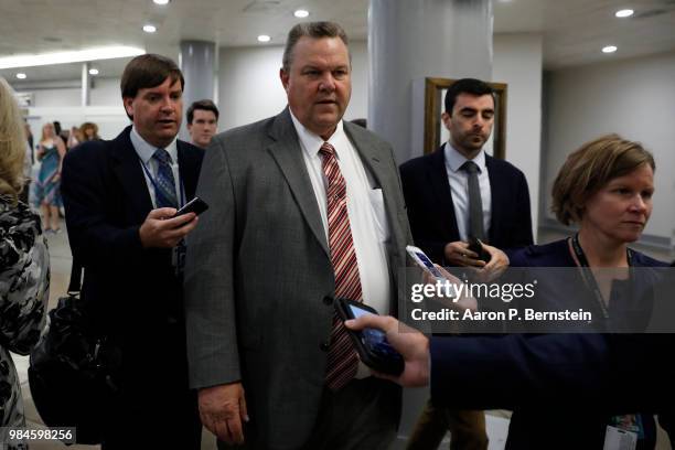 Sen. Jon Tester speaks with reporters ahead of the weekly policy luncheons at the U.S. Capitol June 26, 2018 in Washington, DC. Lawmakers are...