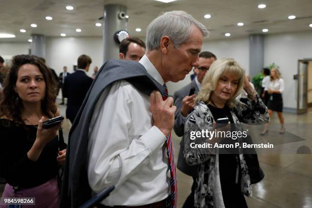 Sen. Rob Portman speaks with reporters ahead of the weekly policy luncheons at the U.S. Capitol June 26, 2018 in Washington, DC. Lawmakers are...