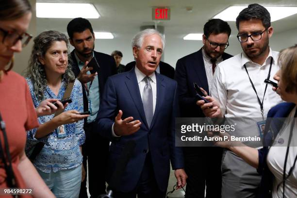 Sen. Bob Corker speaks with reporters ahead of the weekly policy luncheons at the U.S. Capitol June 26, 2018 in Washington, DC. Lawmakers are...