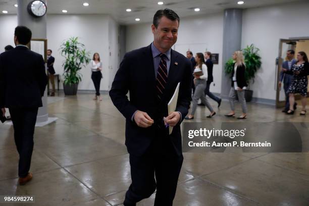 Sen. Todd Young walks through the Senate subway ahead of the weekly policy luncheons at the U.S. Capitol June 26, 2018 in Washington, DC. Lawmakers...