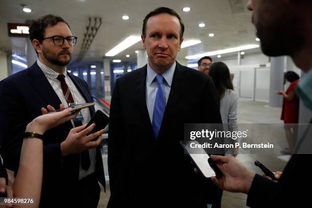 Sen. Chris Murphy speaks with reporters ahead of the weekly policy luncheons at the U.S. Capitol June 26, 2018 in Washington, DC. Lawmakers are...