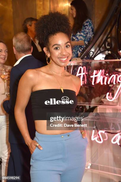 Pearl Mackie attends the launch of Amanda Wakeley x Eve De Haan's 'ART' exhibition on June 26, 2018 in London, England.