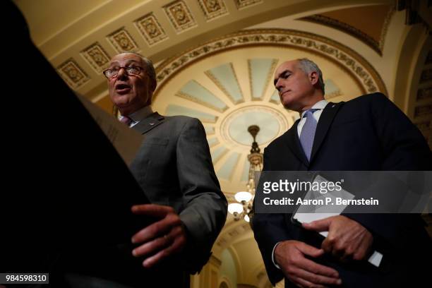 Senate Minority Leader Chuck Schumer, accompanied by Sen. Bob Casey , speaks with reporters following the weekly policy luncheons at the U.S. Capitol...
