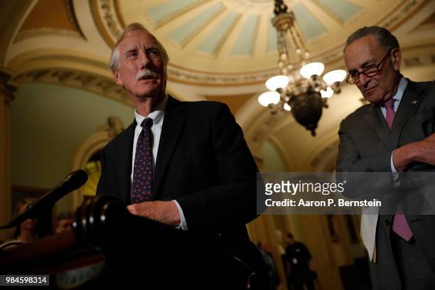 Sen. Angus King , accompanied by Senate Minority Leader Chuck Schumer, speaks with reporters following the weekly policy luncheons at the U.S....