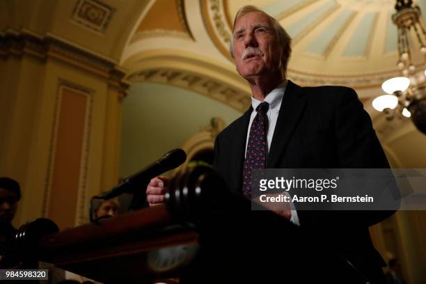 Sen. Angus King speaks with reporters following the weekly policy luncheons at the U.S. Capitol June 26, 2018 in Washington, DC. Lawmakers are...