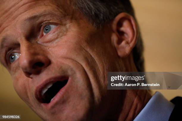 Sen. John Thune speaks with reporters following the weekly policy luncheons at the U.S. Capitol June 26, 2018 in Washington, DC. Lawmakers are...
