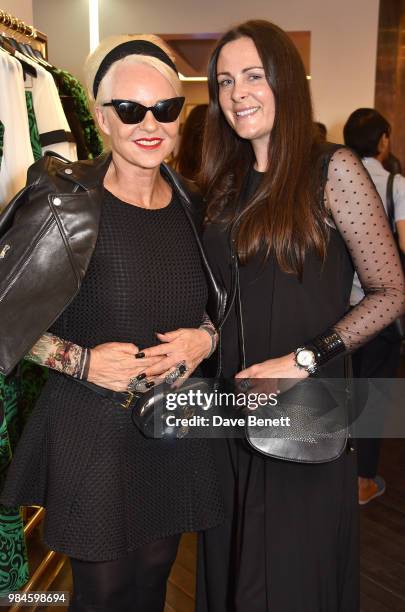 Amanda Eliasch and Emma and the Sound attend the launch of Amanda Wakeley x Eve De Haan's 'ART' exhibition on June 26, 2018 in London, England.