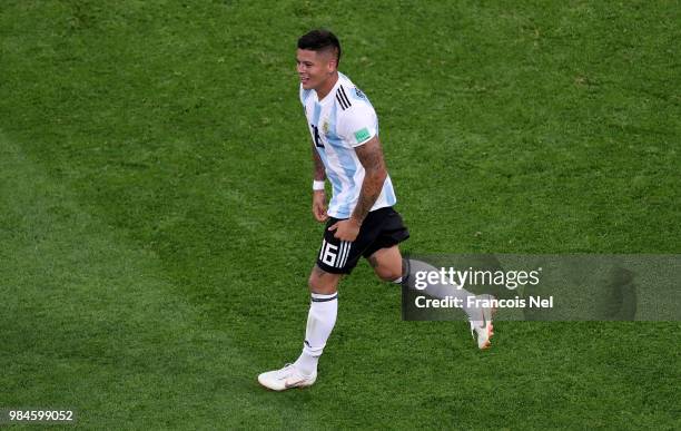Marcos Rojo of Argentina celebrates after scoring his team's second goal during the 2018 FIFA World Cup Russia group D match between Nigeria and...