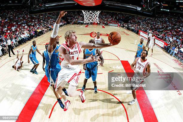 Chase Budinger of the Houston Rockets shoots the ball against the New Orleans Hornets on April 14, 2010 at the Toyota Center in Houston, Texas. NOTE...