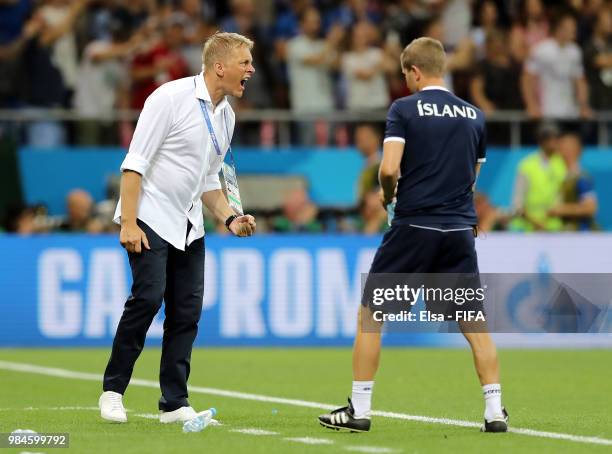 Heimir Hallgrimsson, Manager of Iceland celebrates his sides opening goal during the 2018 FIFA World Cup Russia group D match between Iceland and...