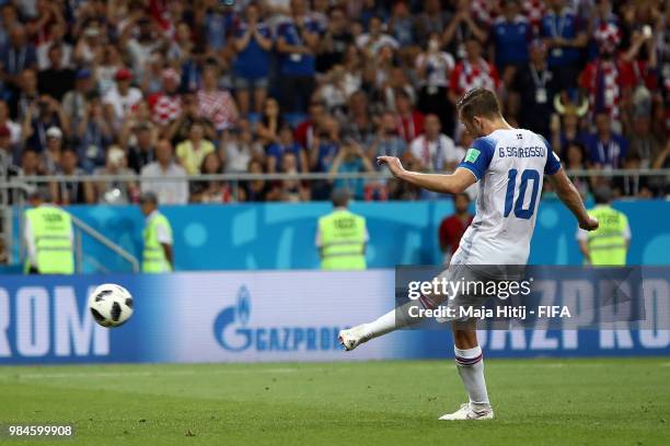 Gylfi Sigurdsson of Iceland scores his sides opening goal from a penalty to make the score 1-1 during the 2018 FIFA World Cup Russia group D match...