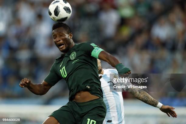 John Obi Mikel of Nigeria, Ever Banega of Argentina during the 2018 FIFA World Cup Russia group D match between Nigeria and Argentina at the Saint...