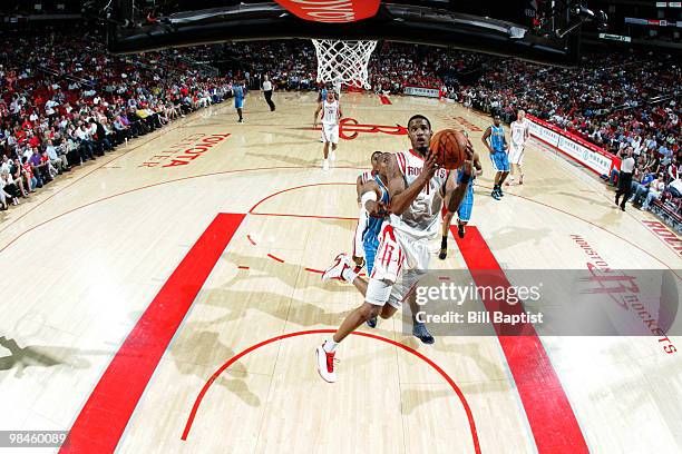 Trevor Ariza of the Houston Rockets shoots the ball against the New Orleans Hornets on April 14, 2010 at the Toyota Center in Houston, Texas. NOTE TO...