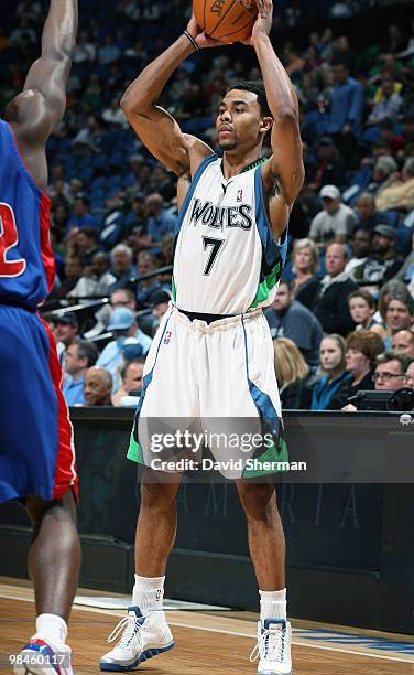 Ramon Sessions of the Minnesota Timberwolves looks to pass against Will Bynum of the Detroit Pistons during the game on April 14, 2010 at the Target...