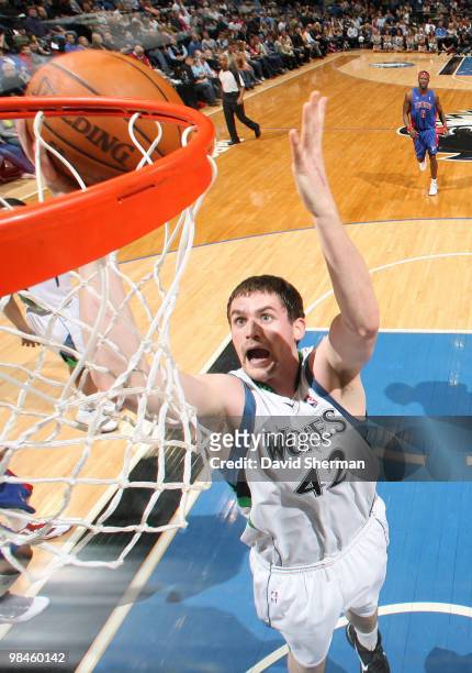 Kevin Love of the Minnesota Timberwolves goes for the dunk against the Detroit Pistons during the game on April 14, 2010 at the Target Center in...