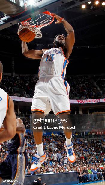 James Harden of the Oklahoma City Thunder dunks against Memphis Grizzlies on April 14, 2010 at the Ford Center in Oklahoma City, Oklahoma. NOTE TO...