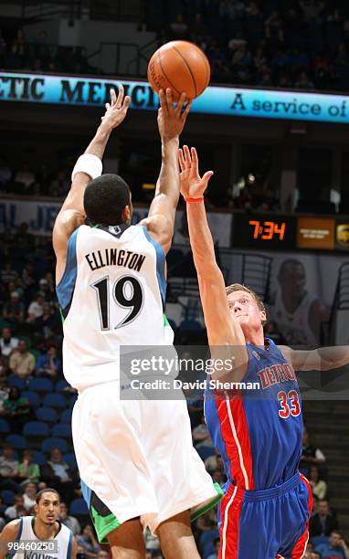 Jonas Jerebko of the Detroit Pistons defends against Wayne Ellington of the Minnesota Timberwolves during the game on April 14, 2010 at the Target...