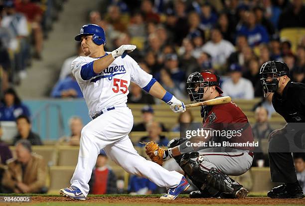 Russell Martin of the Los Angeles Dodgers hits a single in the second inning against the Arizona Diamondbacks at Dodger Stadium on April 14, 2010 in...