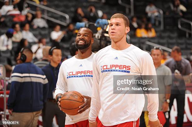 Baron Davis and Blake Griffin of the Los Angeles Clippers warm up before a game against the Los Angeles Lakers at Staples Center on April 14, 2010 in...