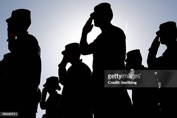 soldiers salute the flag at sunset - armed forces stock pictures, royalty-free photos & images