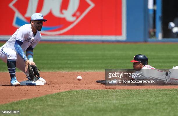 Wilmer Difo of the Washington Nationals steals second base in the second inning during MLB game action as Devon Travis of the Toronto Blue Jays...