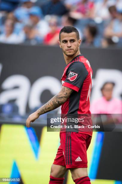 Sebastian Giovinco of Toronto FC shows his frustration during the MLS match between New York City FC and Toronto FC at Yankee Stadium on June 24,...