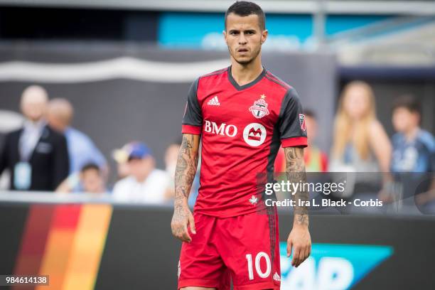 Sebastian Giovinco of Toronto FC shows his frustration during the MLS match between New York City FC and Toronto FC at Yankee Stadium on June 24,...