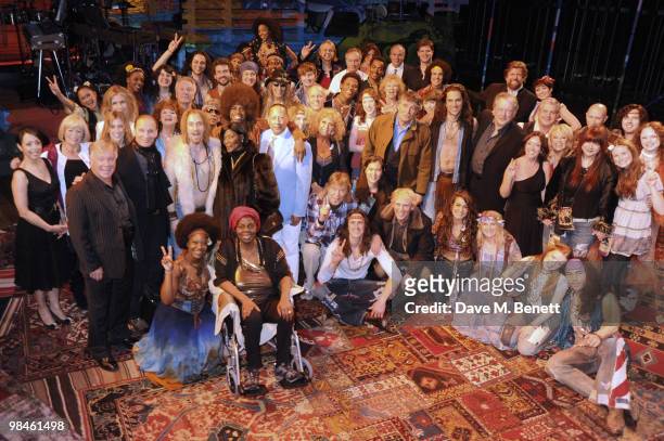 The original and new cast of Hair on stage at the press night of Hair at the Gieldgud Theatre on April 14, 2010 in London, England.