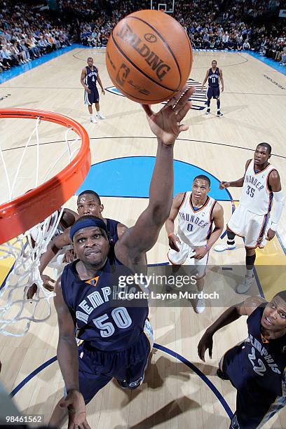 Zach Randolph of the Memphis Grizzlies scores a basket against the Oklahoma City Thunder on April 14, 2010 at the Ford Center in Oklahoma City,...