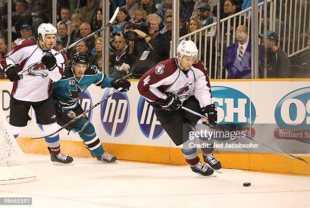 John-Michael Liles of the Colorado Avalanche skates against the San Jose Sharks in Game One of the Western Conference Quarterfinals during the 2010...