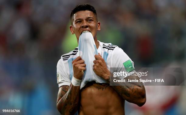 Marcos Rojo of Argentina celebrates after scoring his team's second goal during the 2018 FIFA World Cup Russia group D match between Nigeria and...