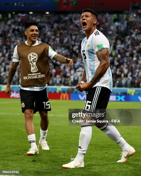 Marcos Rojo of Argentina celebrates after scoring his team's second goal during the 2018 FIFA World Cup Russia group D match between Nigeria and...