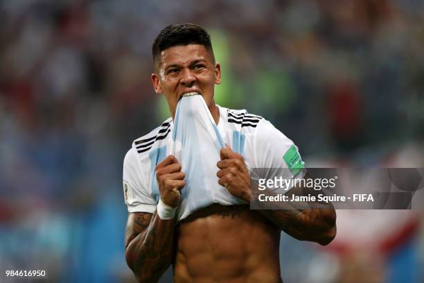 Marcos Rojo of Argentina celebrates after scoring his team's second goal during the 2018 FIFA World Cup Russia group D match between Nigeria and...