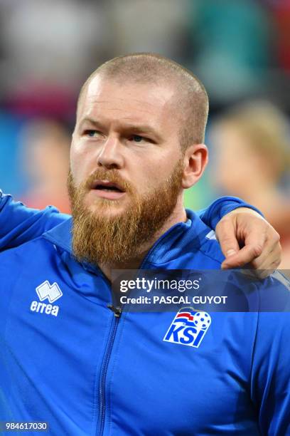 Iceland's midfielder Aron Gunnarsson poses ahead of the Russia 2018 World Cup Group D football match between Iceland and Croatia at the Rostov Arena...