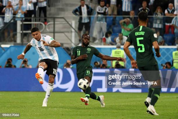 Marcos Rojo of Argentina scores his team's second goal during the 2018 FIFA World Cup Russia group D match between Nigeria and Argentina at Saint...