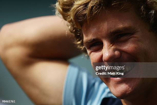 Berrick Barnes laughs as he speaks to the media during a Waratahs Super 14 training session at the Sydney Football Stadium on April 15, 2010 in...