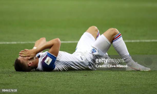 Johann Gudmundsson of Iceland looks dejected following his sides defeat in the 2018 FIFA World Cup Russia group D match between Iceland and Croatia...