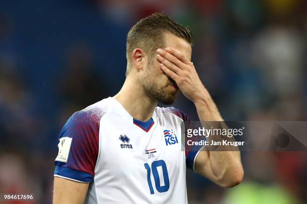Gylfi Sigurdsson of Iceland looks dejected following his sides defeat in the 2018 FIFA World Cup Russia group D match between Iceland and Croatia at...