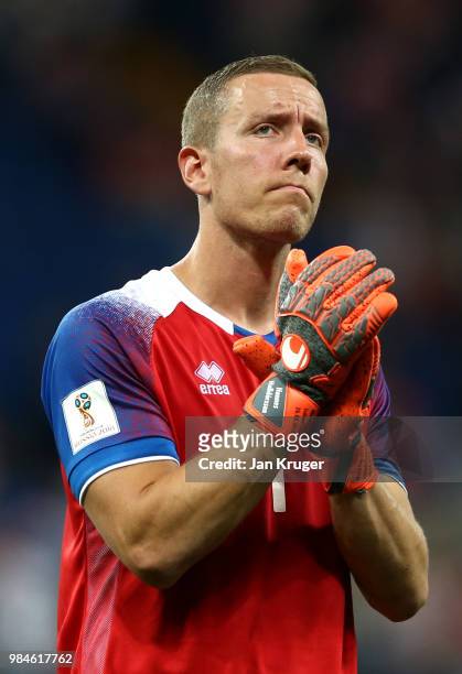 Hannes Halldorsson of Iceland applauds fans after the 2018 FIFA World Cup Russia group D match between Iceland and Croatia at Rostov Arena on June...