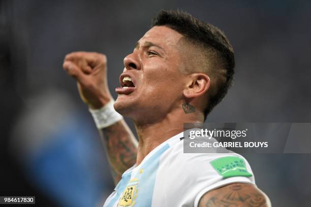 Argentina's defender Marcos Rojo celebrates his goal during the Russia 2018 World Cup Group D football match between Nigeria and Argentina at the...